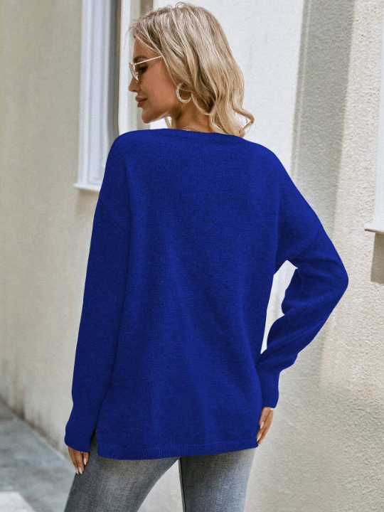 LUNE Solid Drop Shoulder V Neck Sweater