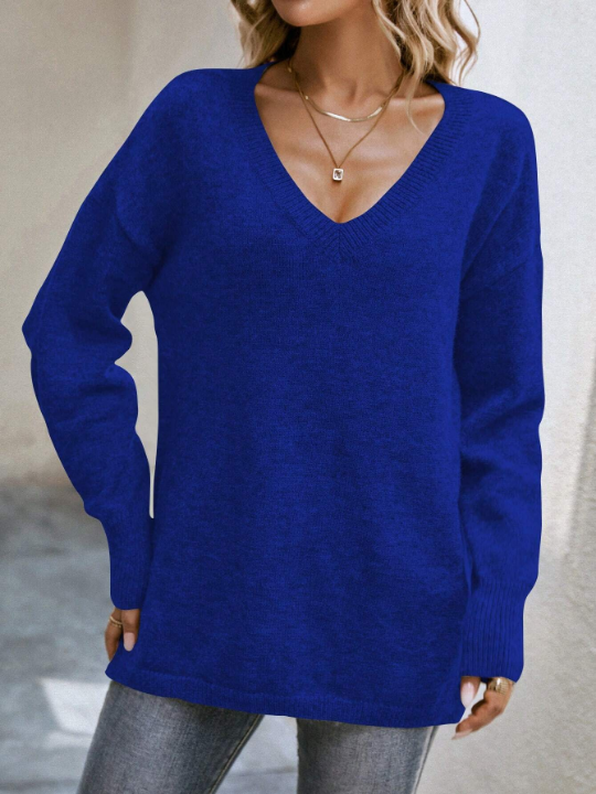 LUNE Solid Drop Shoulder V Neck Sweater