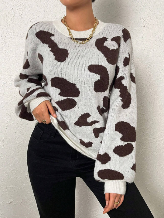 Frenchy Cow Pattern Drop Shoulder Sweater