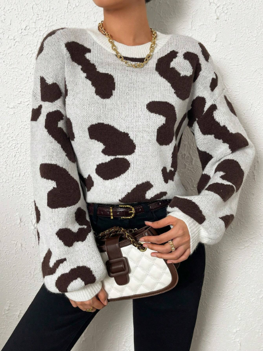 Frenchy Cow Pattern Drop Shoulder Sweater