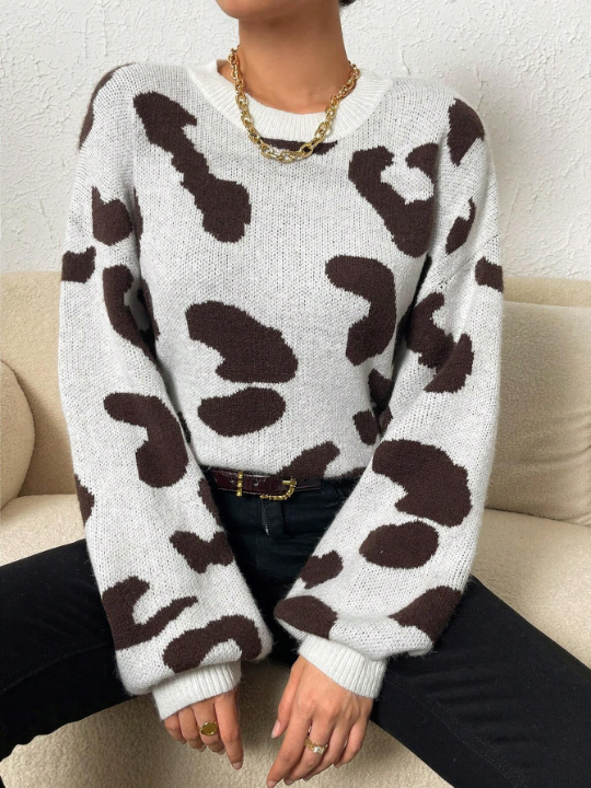 Frenchy Cow Pattern Drop Shoulder Sweater