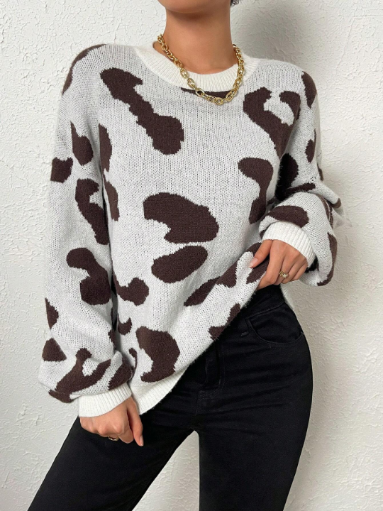 Frenchy Cow Pattern Drop Shoulder Sweater