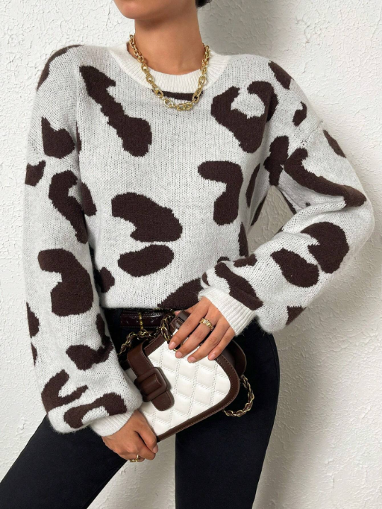 Frenchy Cow Pattern Drop Shoulder Sweater