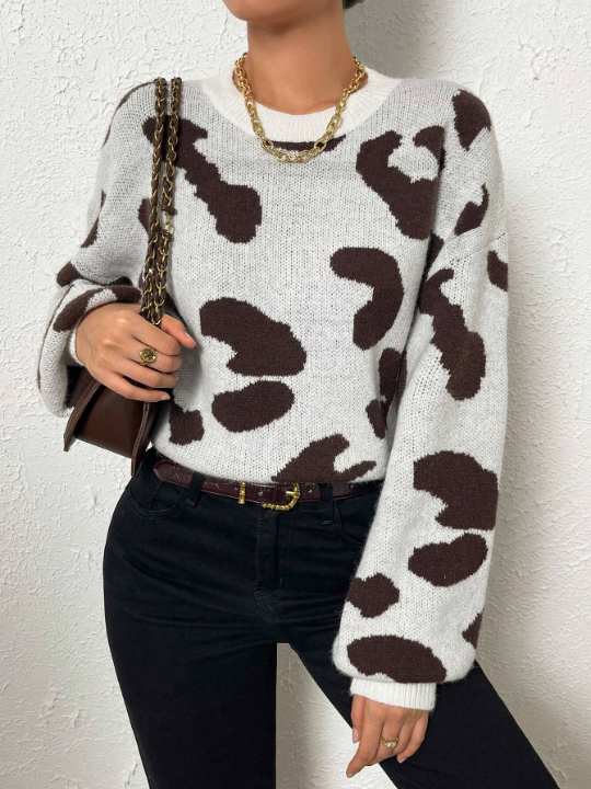 Frenchy Cow Pattern Drop Shoulder Sweater