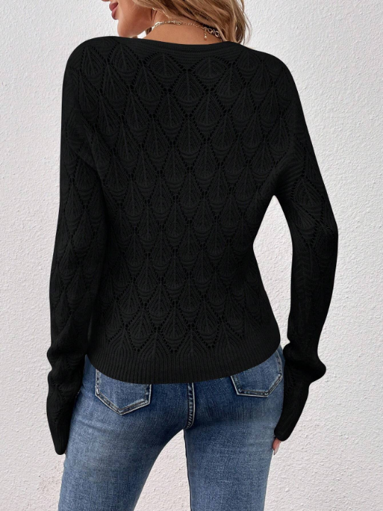 Frenchy Solid Pointelle Knit Drop Shoulder Sweater