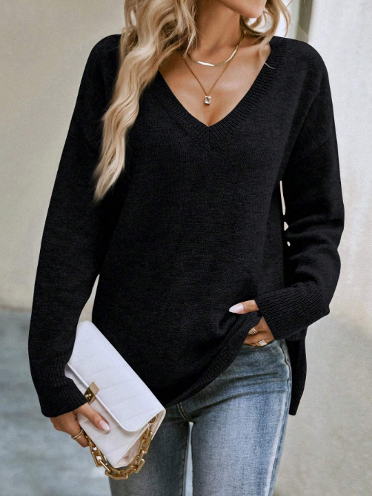 LUNE Solid Drop Shoulder V Neck Sweater