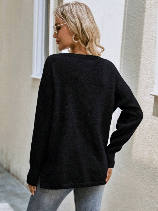 LUNE Solid Drop Shoulder V Neck Sweater