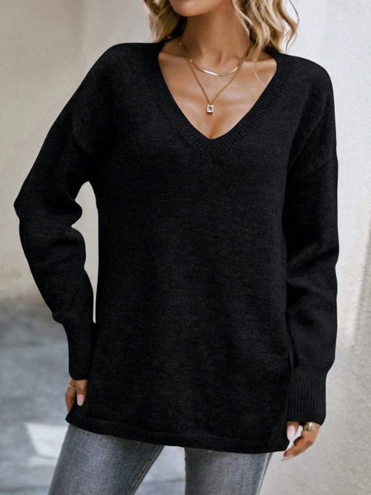 LUNE Solid Drop Shoulder V Neck Sweater