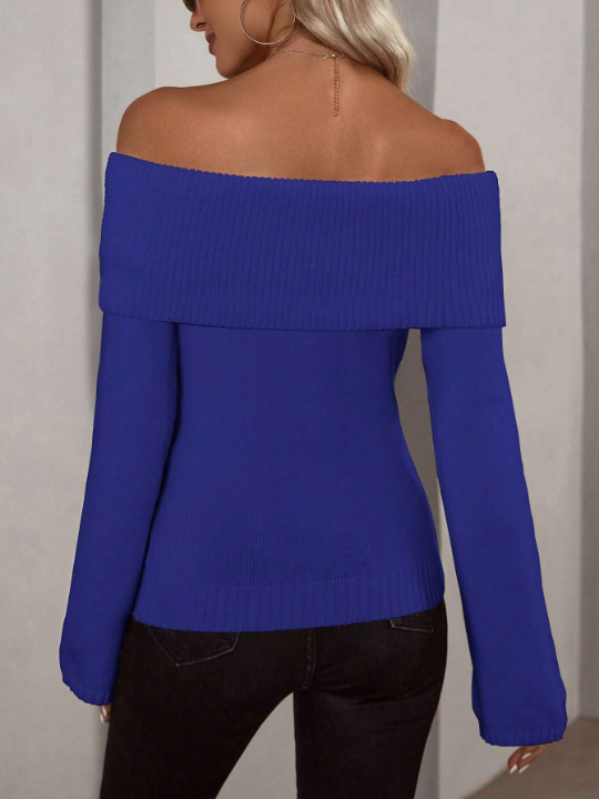 Frenchy Off Shoulder Foldover Ribbed Knit Sweater