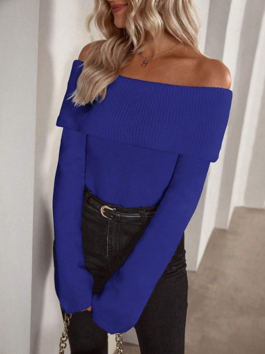 Frenchy Off Shoulder Foldover Ribbed Knit Sweater