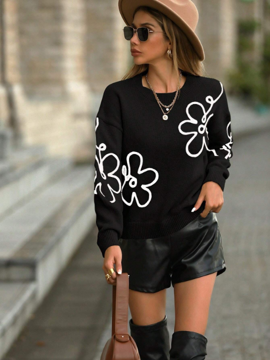 LUNE Floral Pattern Drop Shoulder Sweater