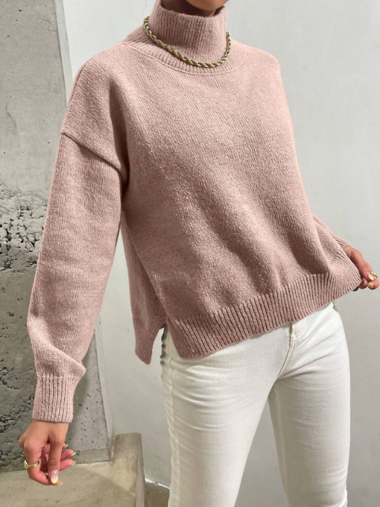 Essnce High Neck Drop Shoulder Slip Hem Sweater