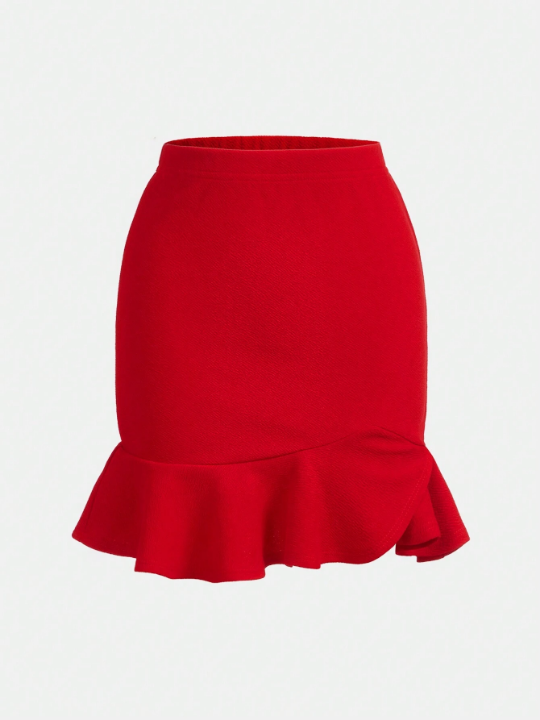 Tween Girls' Sporty Knit Solid-Colored Skirt With Ruffle Hemline