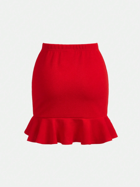 Tween Girls' Sporty Knit Solid-Colored Skirt With Ruffle Hemline