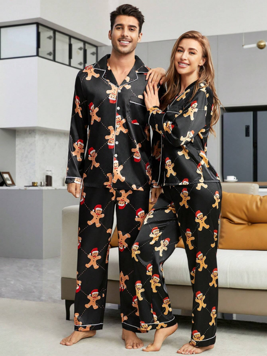 Men Christmas Print Contrast Piping Satin PJ Set