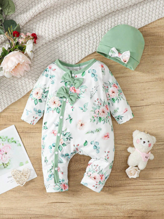 Baby Girl Floral Print Bow Front Contrast Binding Jumpsuit