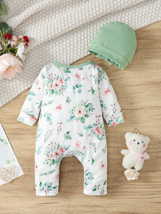 Baby Girl Floral Print Bow Front Contrast Binding Jumpsuit