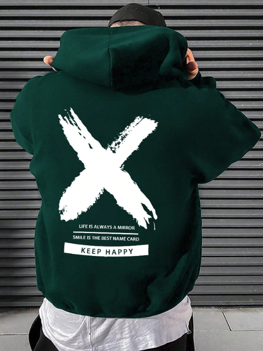 Men Slogan Graphic Kangaroo Pocket Drawstring Hoodie