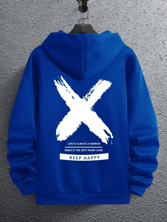 Men Slogan Graphic Kangaroo Pocket Drawstring Thermal Hoodie