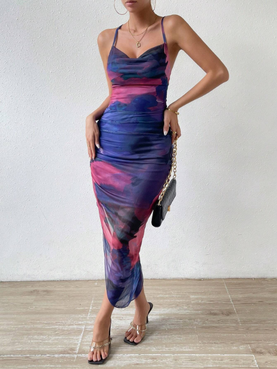 Priv Tie Dye Draped Collar Crisscross Backless Cami Dress