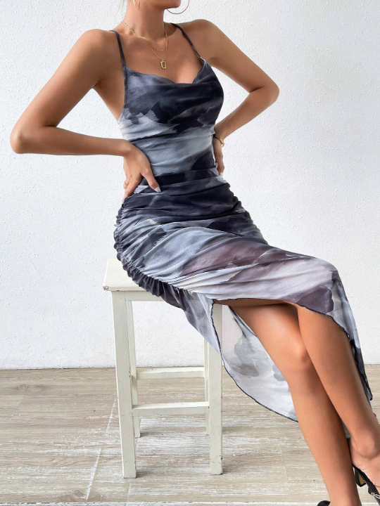 Priv Tie Dye Draped Collar Crisscross Backless Cami Dress