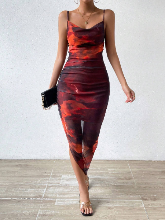 Priv Tie Dye Draped Collar Cami Dress