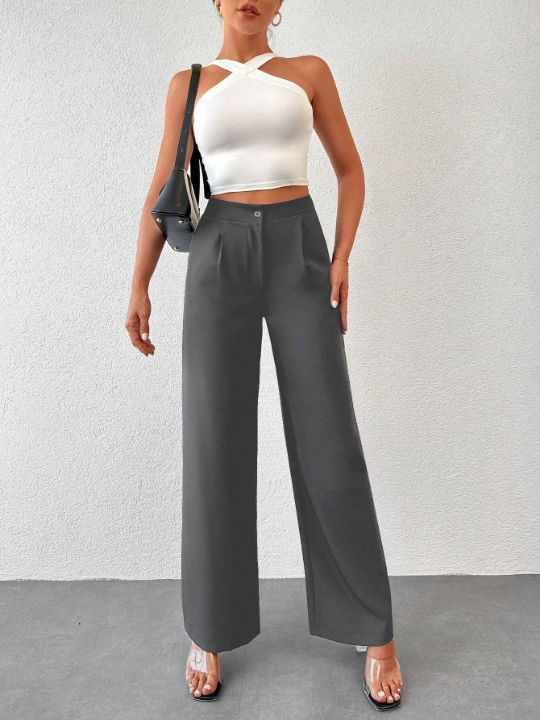 High Waist Plicated Detail Wide Leg Pants