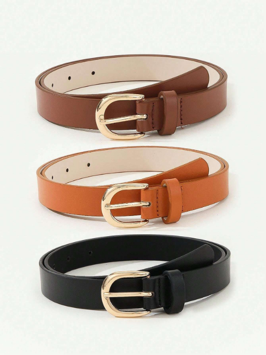 3pcs/Set Women's Simple Metal Square Buckle Belt, Suitable For Daily Wear With Dress, Jeans, Suit Pants