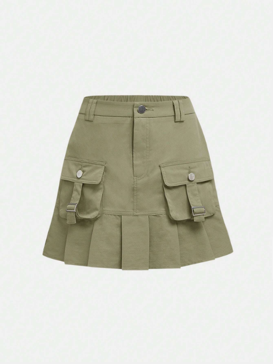 Teen Girl Flap Pocket Pleated Hem Skirt