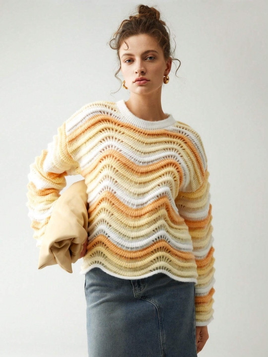 Anewsta Striped Pattern Pointelle Knit Drop Shoulder Sweater