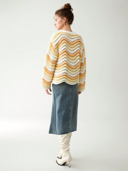 Anewsta Striped Pattern Pointelle Knit Drop Shoulder Sweater