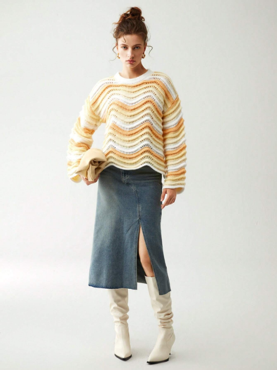 Anewsta Striped Pattern Pointelle Knit Drop Shoulder Sweater