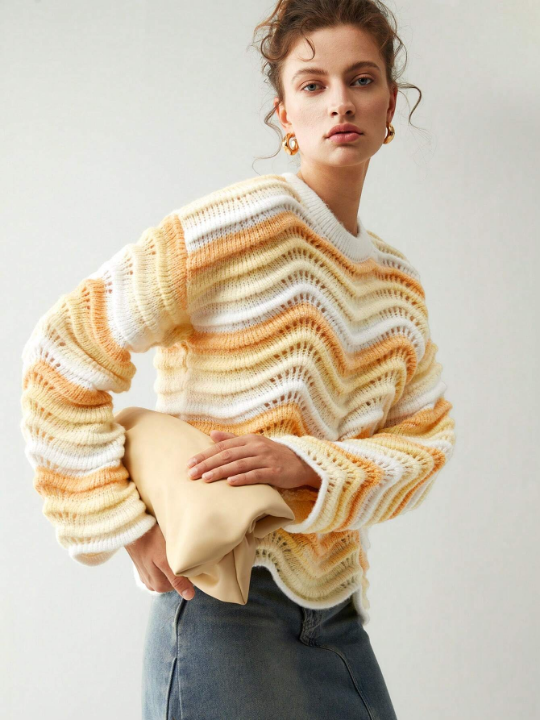 Anewsta Striped Pattern Pointelle Knit Drop Shoulder Sweater