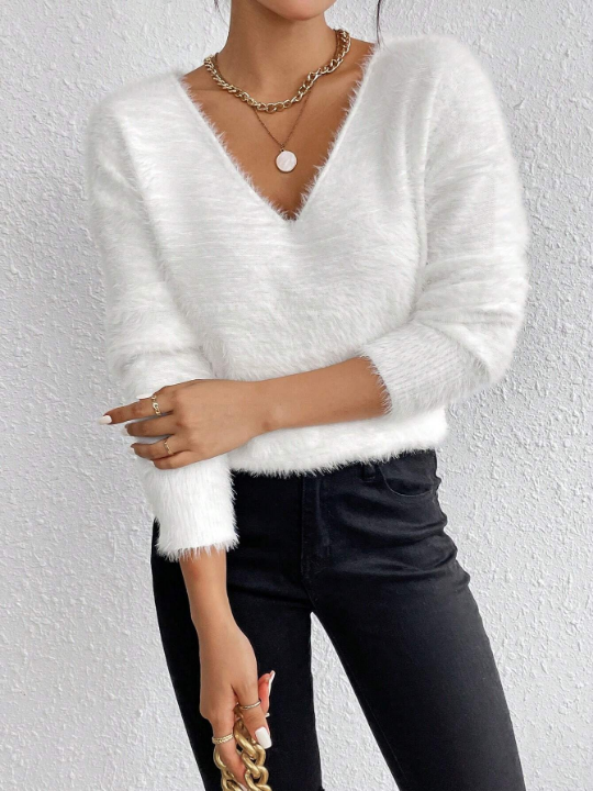 Essnce Solid Drop Shoulder Fuzzy Sweater