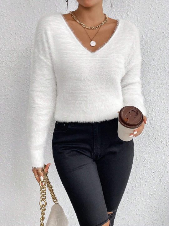 Essnce Solid Drop Shoulder Fuzzy Sweater