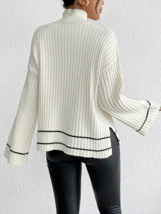 Essnce Mock Neck Drop Shoulder Split Hem Sweater