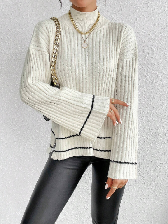 Essnce Mock Neck Drop Shoulder Split Hem Sweater