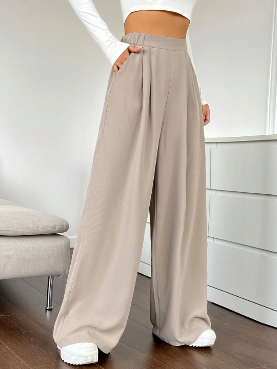 EZwear High Waist Plicated Detail Wide Leg Pants