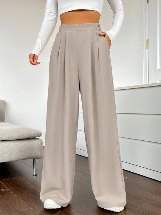 EZwear High Waist Plicated Detail Wide Leg Pants