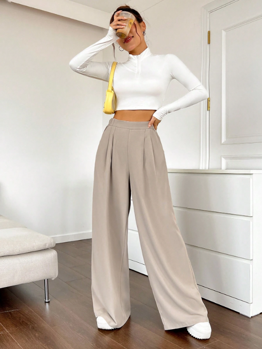 EZwear High Waist Plicated Detail Wide Leg Pants