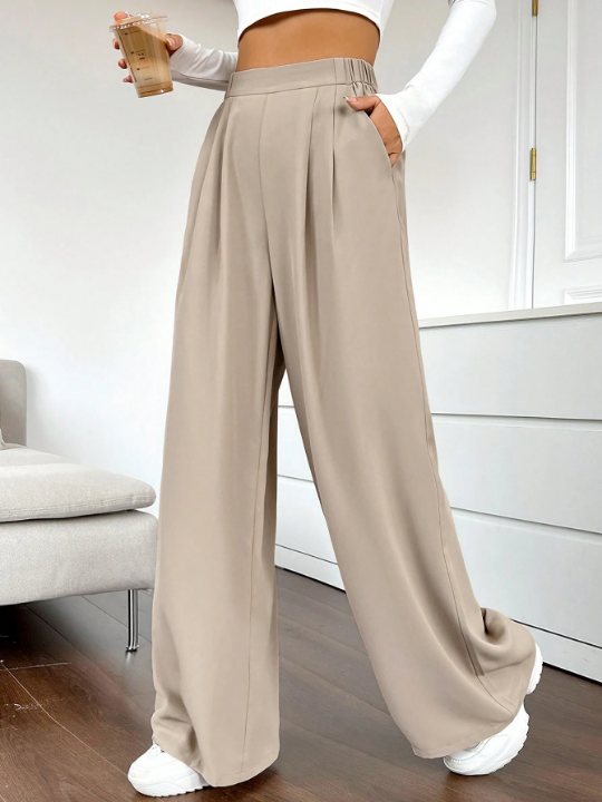 EZwear High Waist Plicated Detail Wide Leg Pants