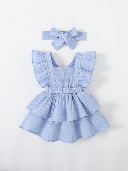 Baby Girl Ruffle Trim Layer Hem Dress With Headband