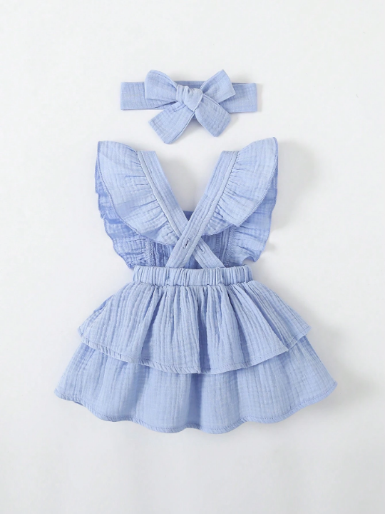 Baby Girl Ruffle Trim Layer Hem Dress With Headband