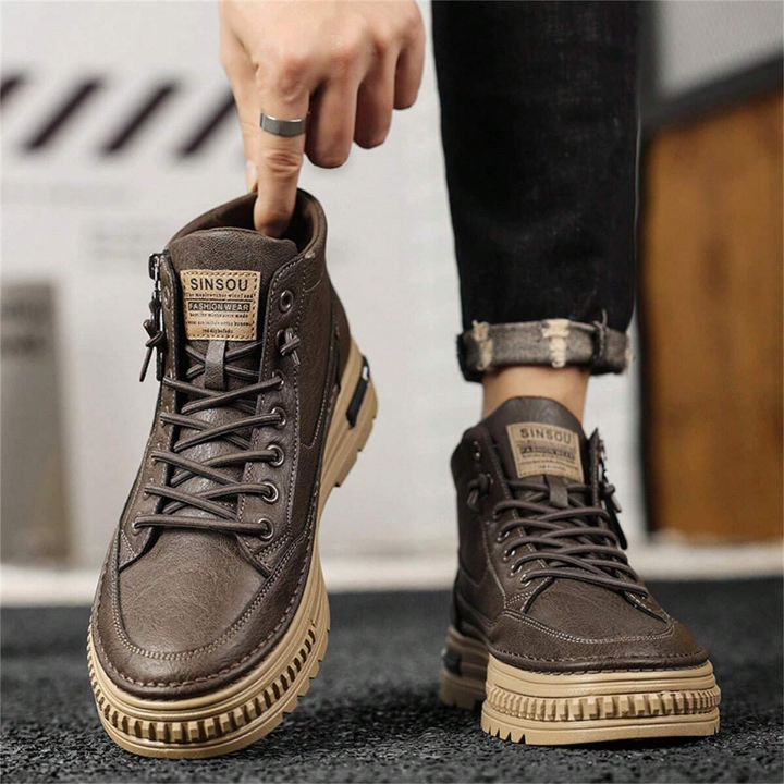 Men's British Style Pu Leather Shoes Retro Casual Tooling Boots, High Top Korean Fashion, Wear-resistant