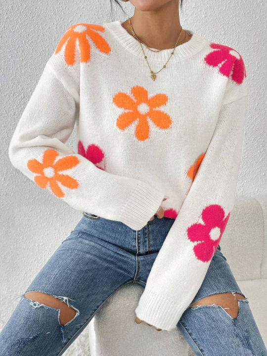 Floral Pattern Drop Shoulder Sweater