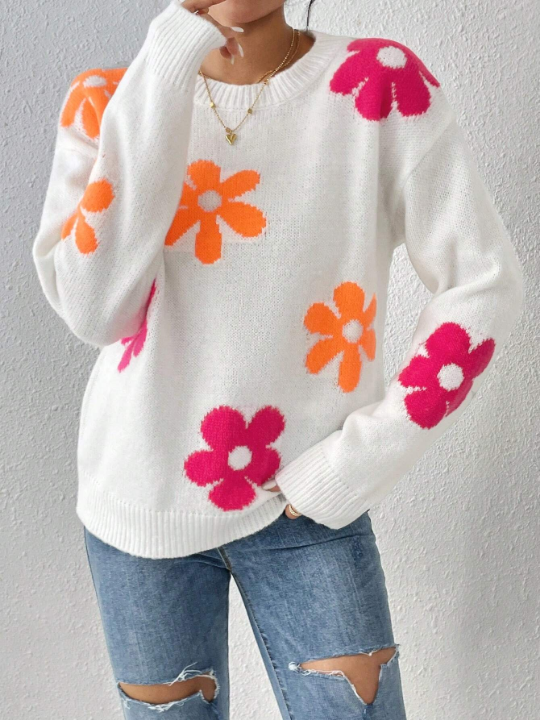 Floral Pattern Drop Shoulder Sweater