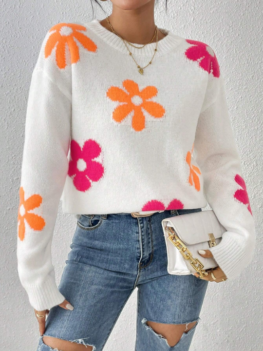 Floral Pattern Drop Shoulder Sweater