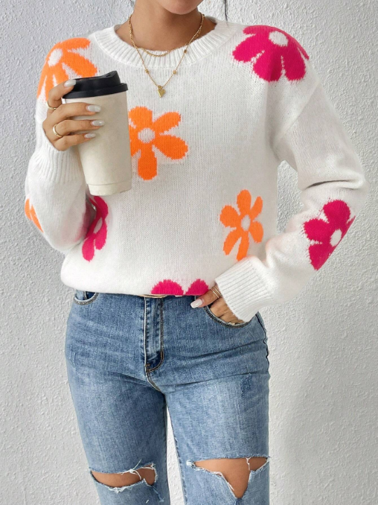 Floral Pattern Drop Shoulder Sweater