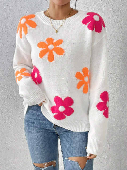 Floral Pattern Drop Shoulder Sweater