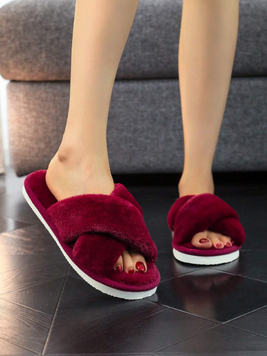 Fluffy Indoor Cross Vamp Slippers For Girls